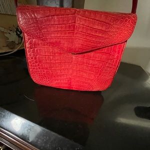 Luc Benoit coral croc cross body handbag